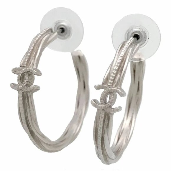 CHANEL CC Logos Hoop Stud Earrings Silver Tone B15B Auth - Picture 1 of 10